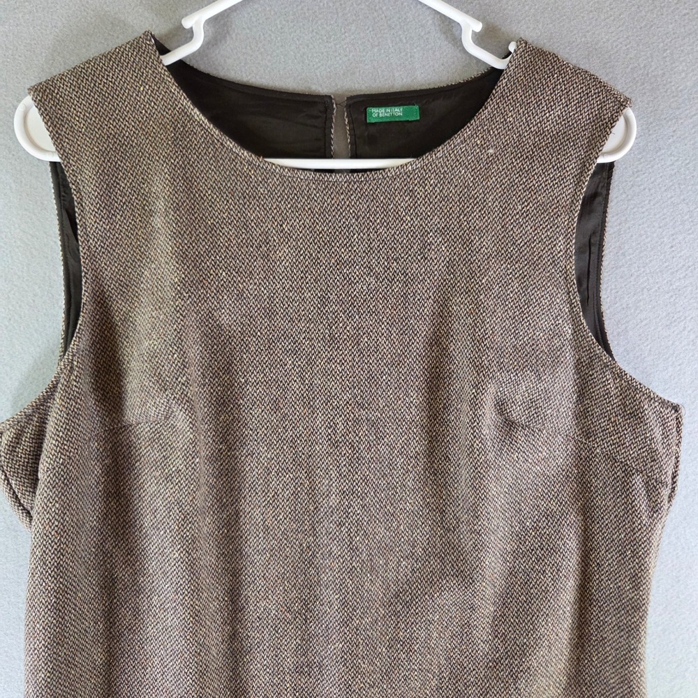 Vtg United Colors of Benetton Brown Wool Silk Tweed Midi Dress Italy Academia Lg - Picture 2 of 8